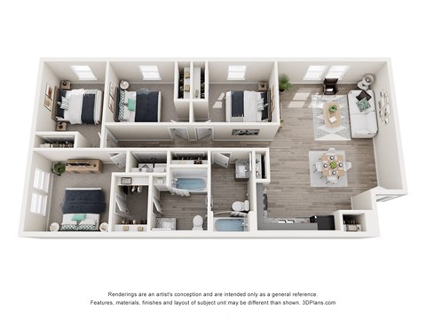 Floor plan for 4 beds, 2 baths, 1320 sqft